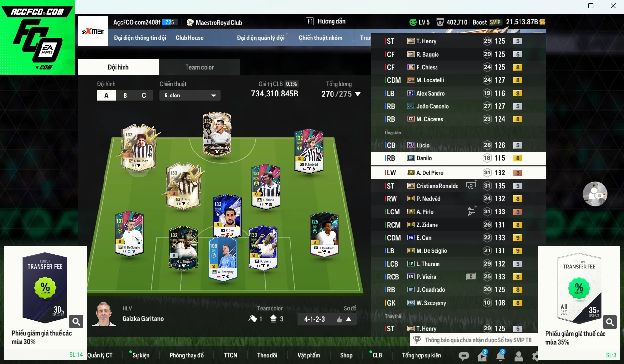 Juventus 734.310b dư 21.500b có CR7 BLD, Del Piero ITM+3, Pirlo ITM+3, Vieira LN, Cancelo 25TS, Zidane BTB, Nedved BTB, Thuram LE, Locatelli 23HW, Cáceres CC, Can FA+9, De Sciglio BTB+9, Lúcio CU...  Đào tạo chiến thuật và cầu thủ cần full, HLV Xịn